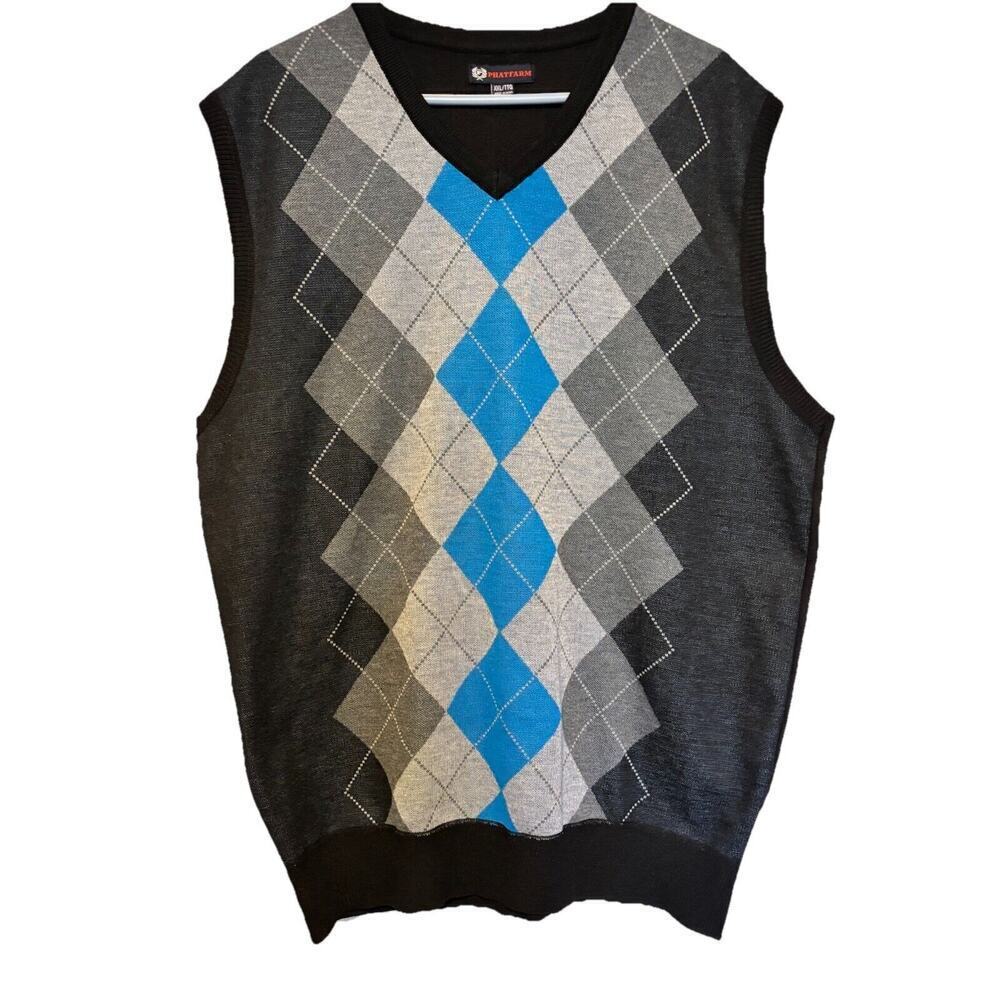 Phat Farm Sweater Vest Mens Large Gray Blue Diamond Argyle Print Cotton 90s Hip